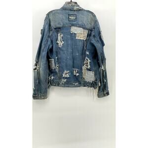 LEVI'S Men's Medium Wash Distressed Patchwork Streetwear Button-Up Jacket SZ M/L